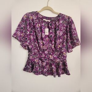 NWT Loft purple floral flutter sleeve peplum blouse Size 4